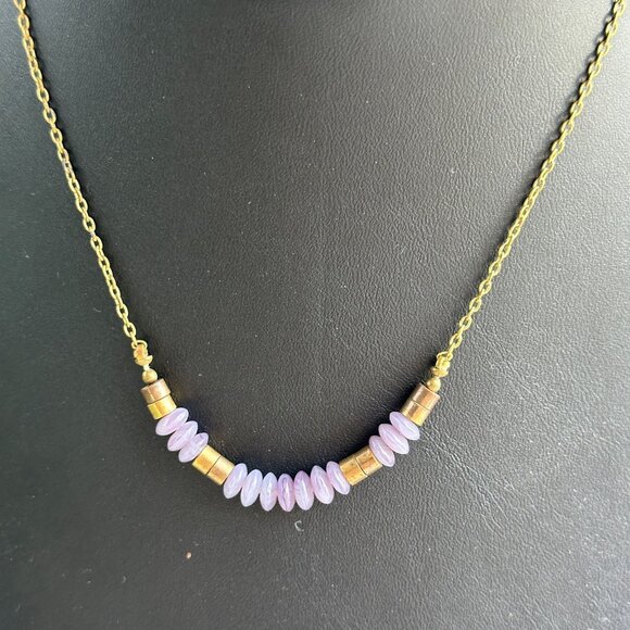 Purple Glass Disc Bead Choker Necklace With Brass Accents 14" Handmade Jewelry - Picture 4 of 8